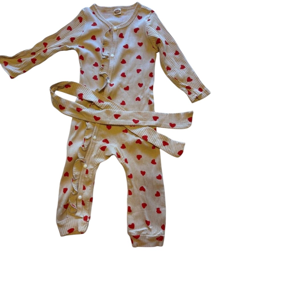Heart Print Ruffle Romper with Belt, Long Sleeve,‎ Valentine's Day Outfit, 100